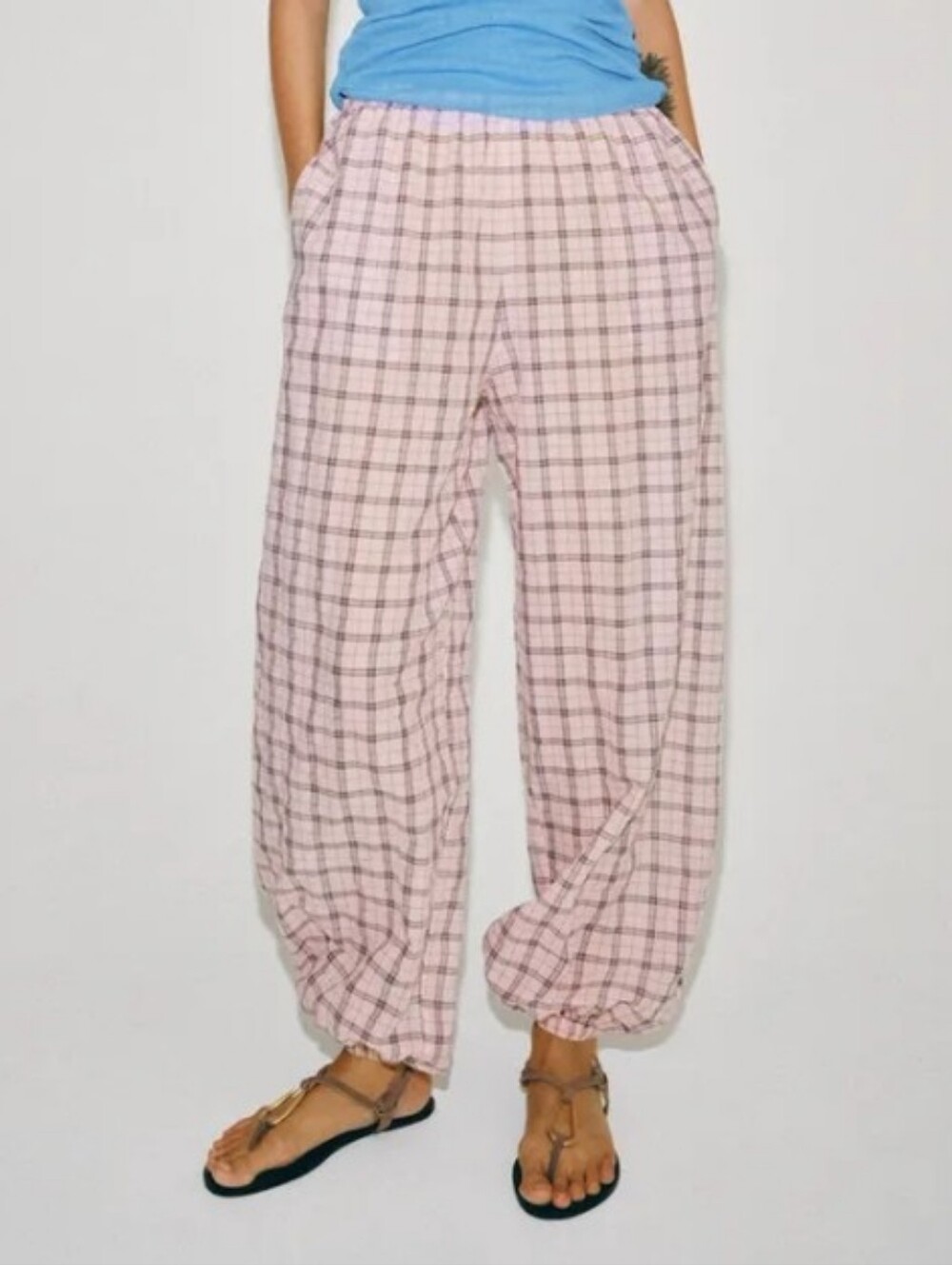 Zara Zw Collection Relaxed Pink Lightweight Plaid Pull-On Women’s Pants